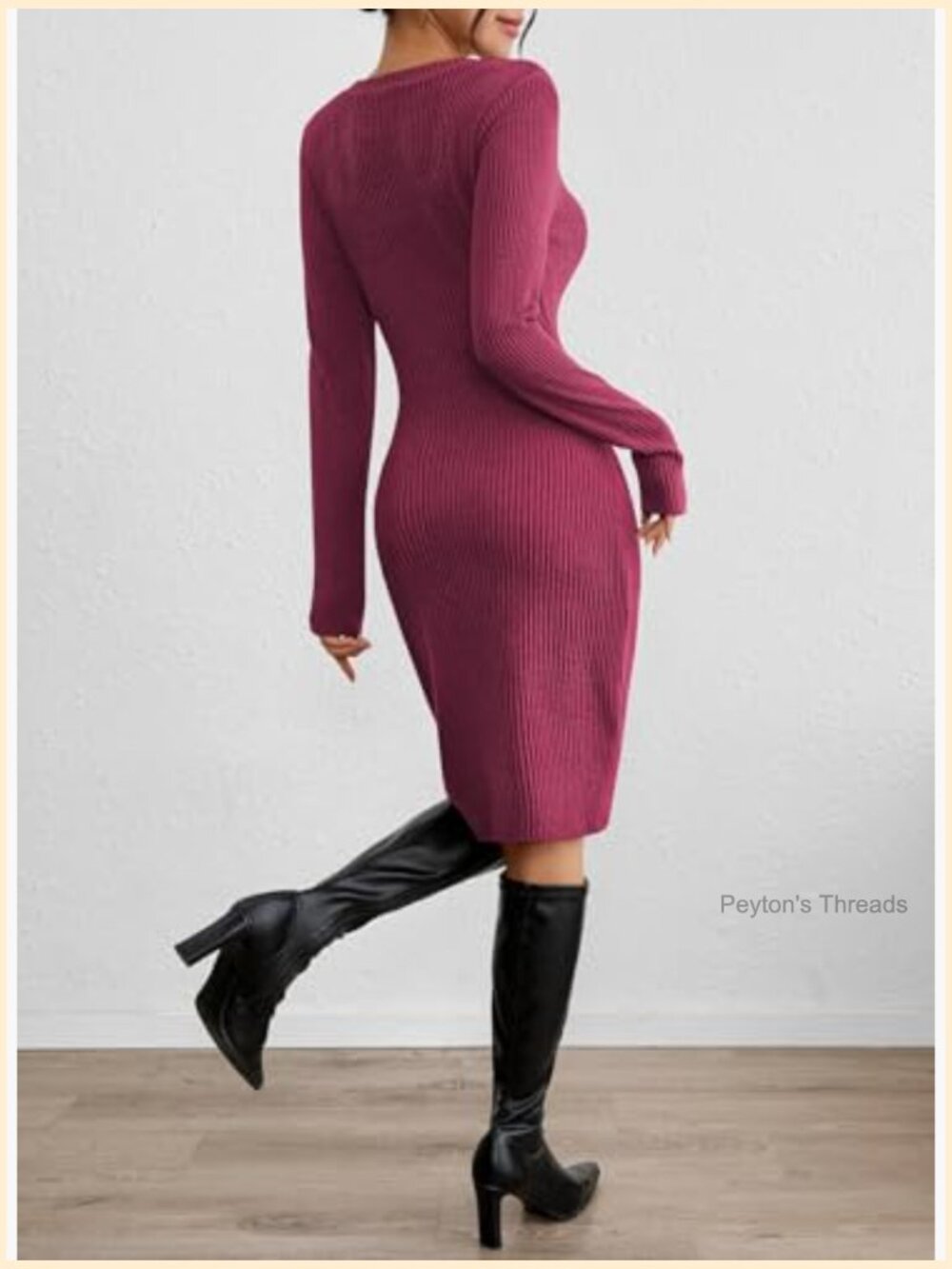 Long Sleeve Crew Neck Ribbed Knit Bodycon Mini Dress - Picture 5 of 7